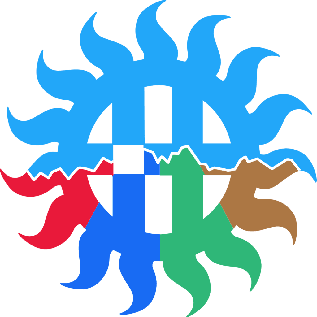 The logo for all four city museums in the shape of a sun with three crosses inside it and a mountain motif made of red, blue, green, and brown.