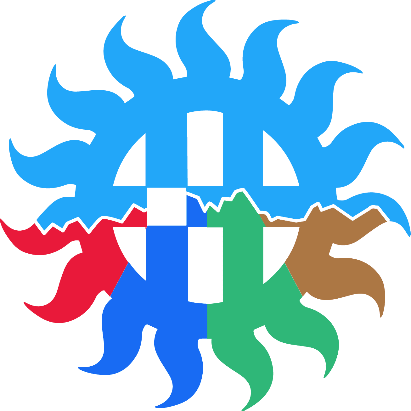 The logo for all four city museums in the shape of a sun with three crosses inside it and a mountain motif made of red, blue, green, and brown.