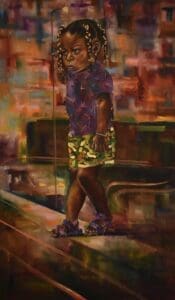 an art piece of a young girl walking with her hands in her pocket