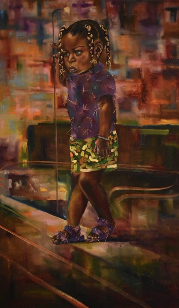 an art piece of a young girl walking with her hands in her pocket