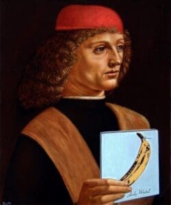 Painting of a man holding a painting of a banana