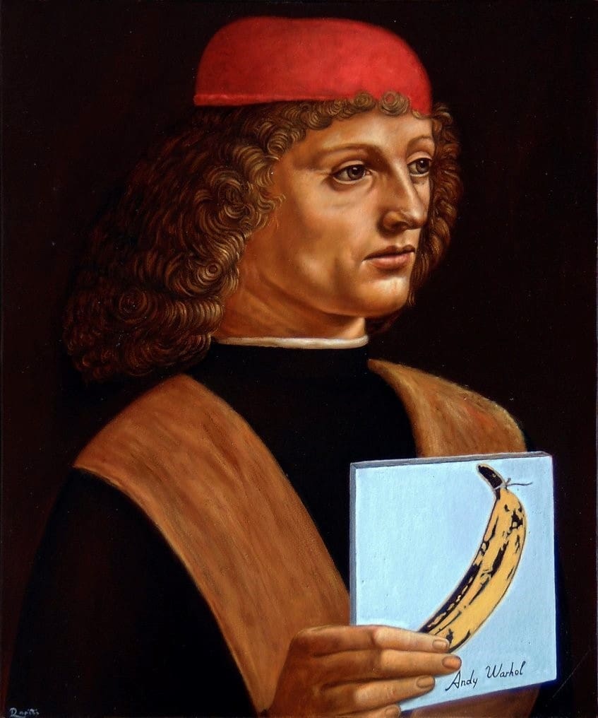 Painting of a man holding a painting of a banana