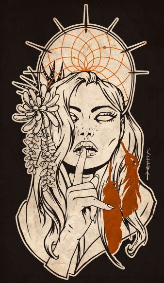 Head and shoulder drawing of woman standing in front of dreamcatcher