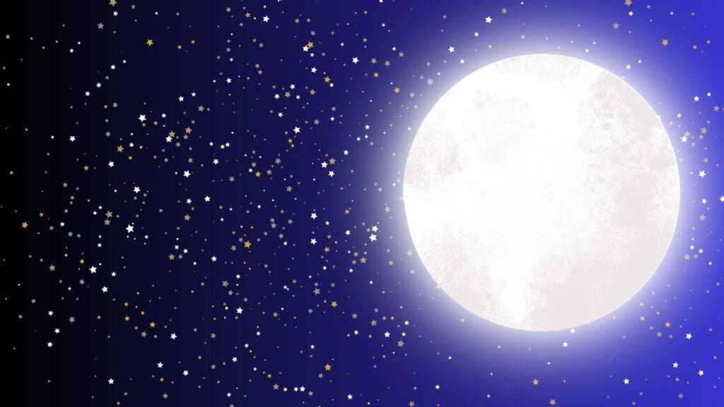 A drawing of a blue to black sky with stars and a large, glowing white moon to the right.