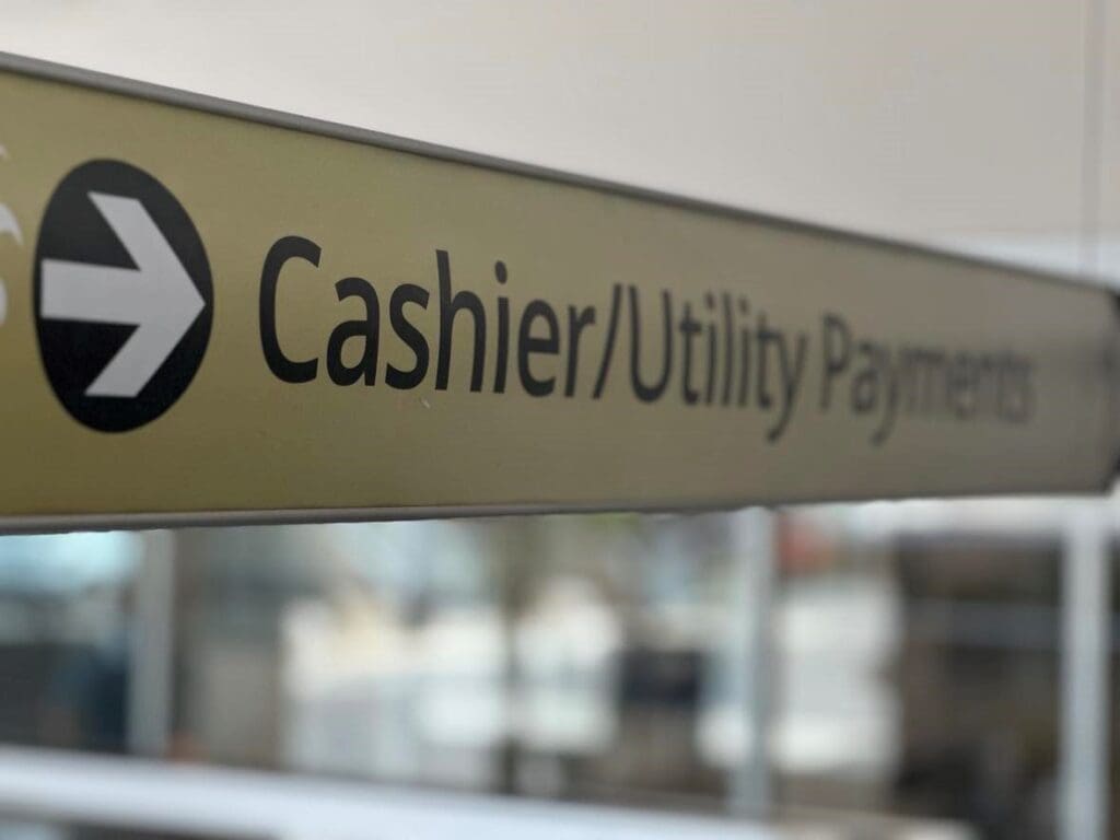 Cashier/Utility Payment sign.