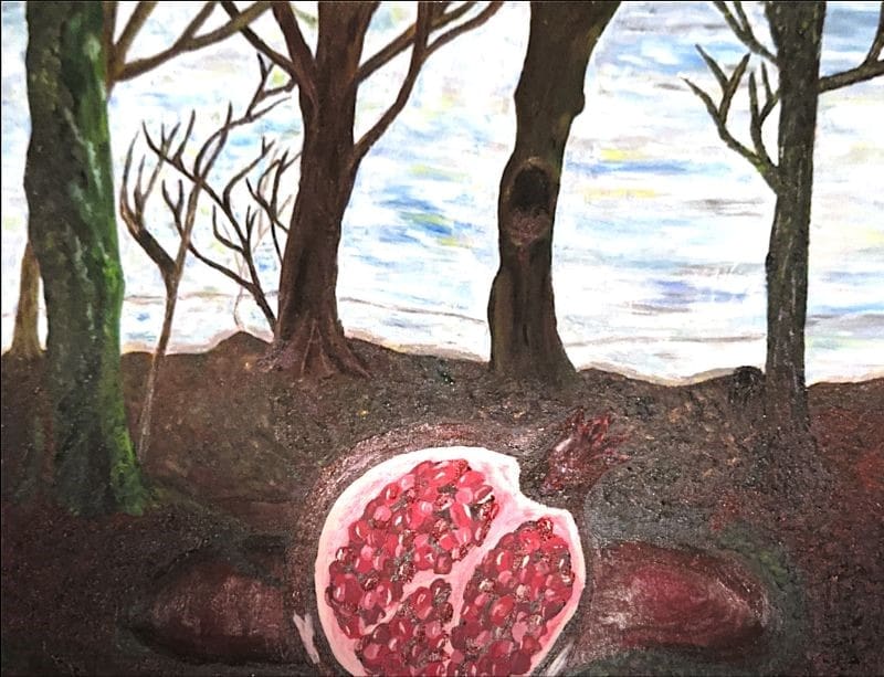 Painting of a sliced pomegranate buried in the earth.
