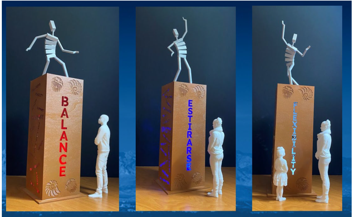 Stylized figures in action poses on top of columns with word cutouts. 