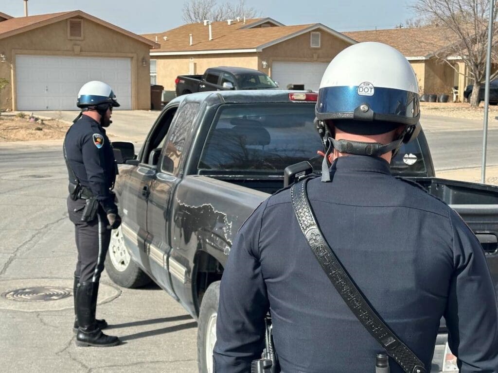 Two police officers standing by a truck in the street,