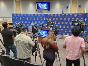 Chief Story, LCPD, speaking to reporters.