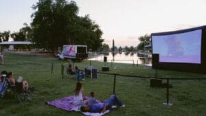 Families sitting in grass watching a movie at the park
