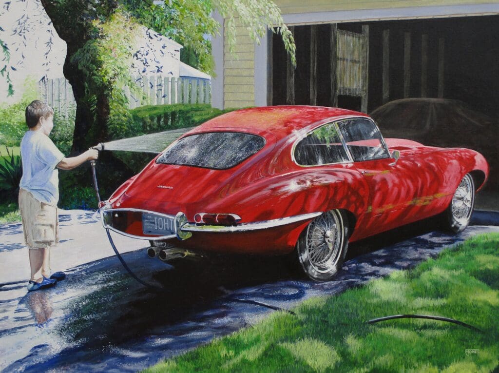 Painting of a boy washing a car with a water hose.