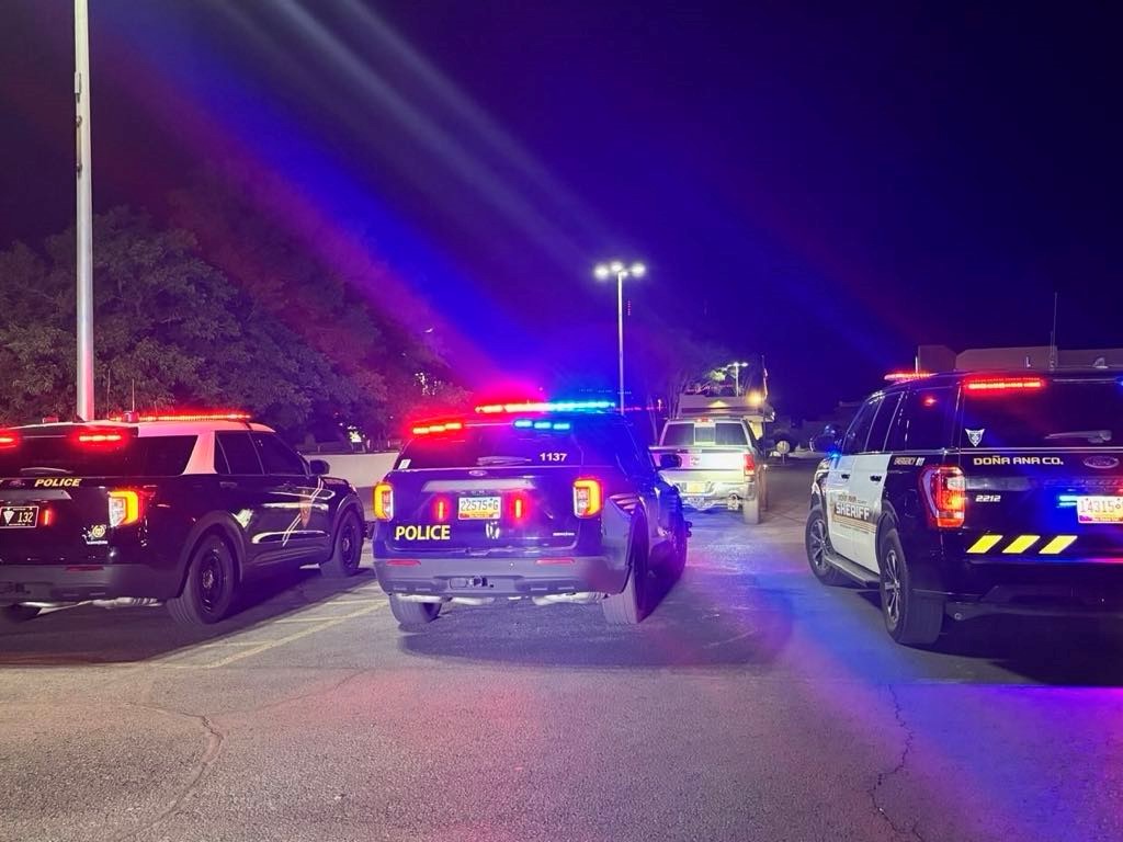 Three police vehicles parked with lights on.