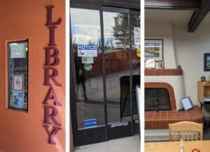 A library sign on a wall, a glass door, and a fireplace.