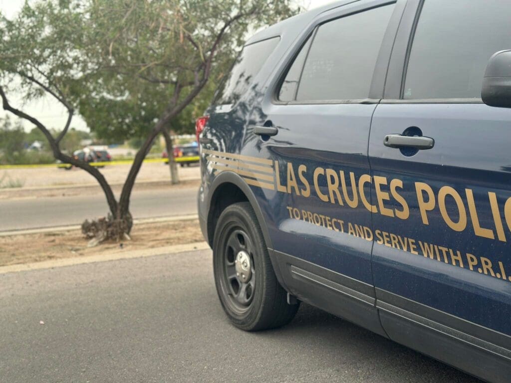 Back end of a police vehicle parked in a parking lot.