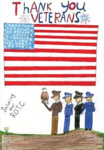 Veterans Day poster with a flag, and four military people and an eagle.