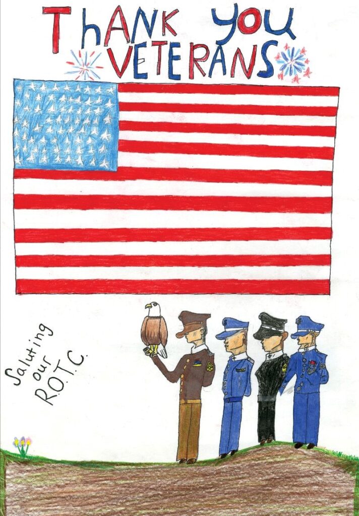 Veterans Day poster with a flag, and four military people and an eagle.