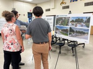 People looking at a poster on an easel