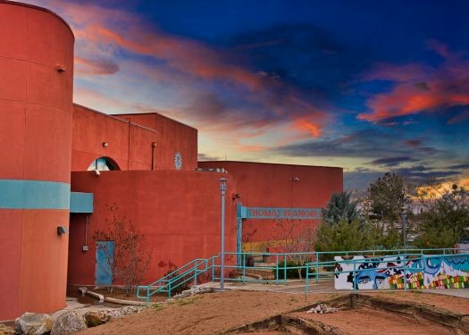 Front of Branigan Library at dusk.