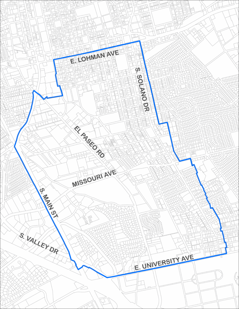E. Lohman to the north, S. Main St to the west, E. University Ave to the south, and approximately one block off of the S. Solano Dr. to the east.