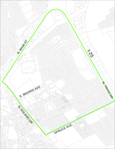 The image of a map of the Apodaca and Lift Up area MRA. The green lines on the map indicate the outer perimeter of the designated Apodaca and Lift up area MRA area. The boundaries are from Interstate 25 to the east, Spruce Avenue to the south, and North Solano Drive to the west. The grey solid lines indicate parcel boundaries.
