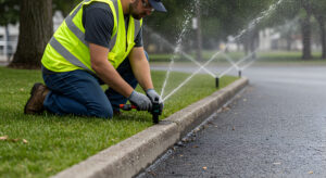 person kneeling on the grass by a road adjusting irrigation.
