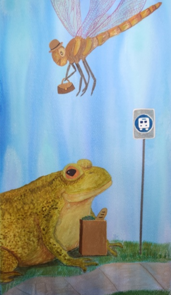 Watercolor painting of a frog sitting next to a bus stop sign with a dragonfly above.