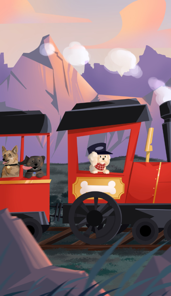Artwork with dogs on a train.