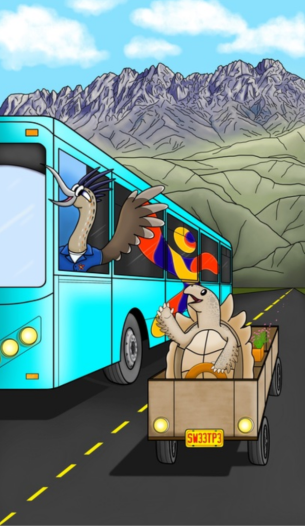 A digital art piece of a bus with a roadrunner driving next to a tortoise in a wagon on road in front of the Organ Mountains.