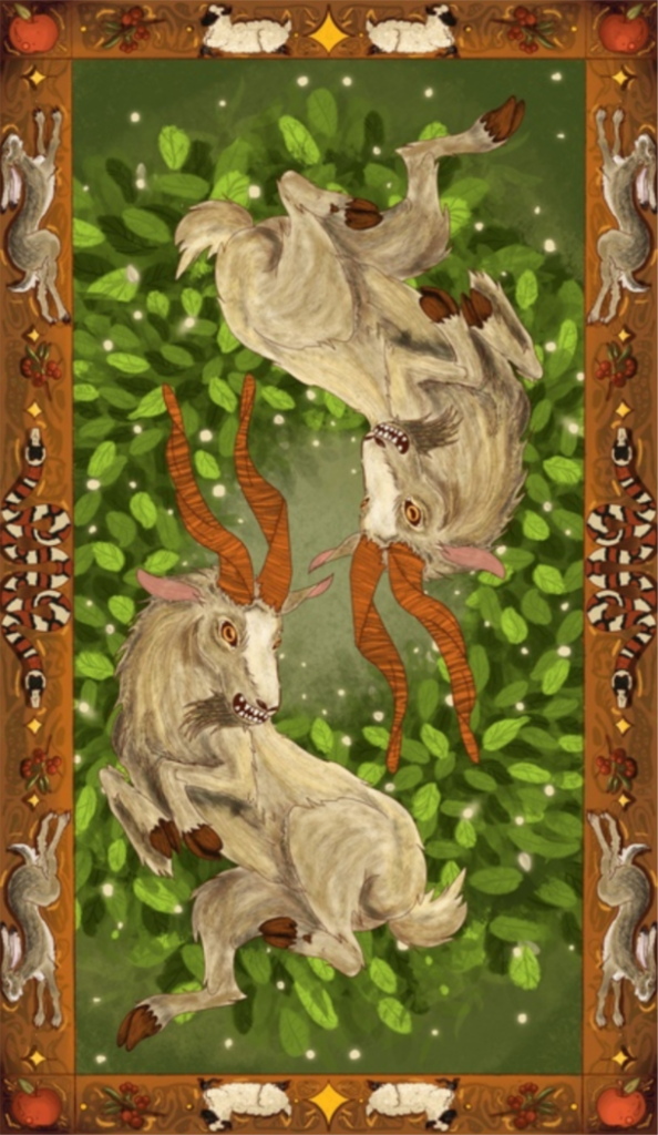 Digital painting of two goats in the center and various other animals along the border.