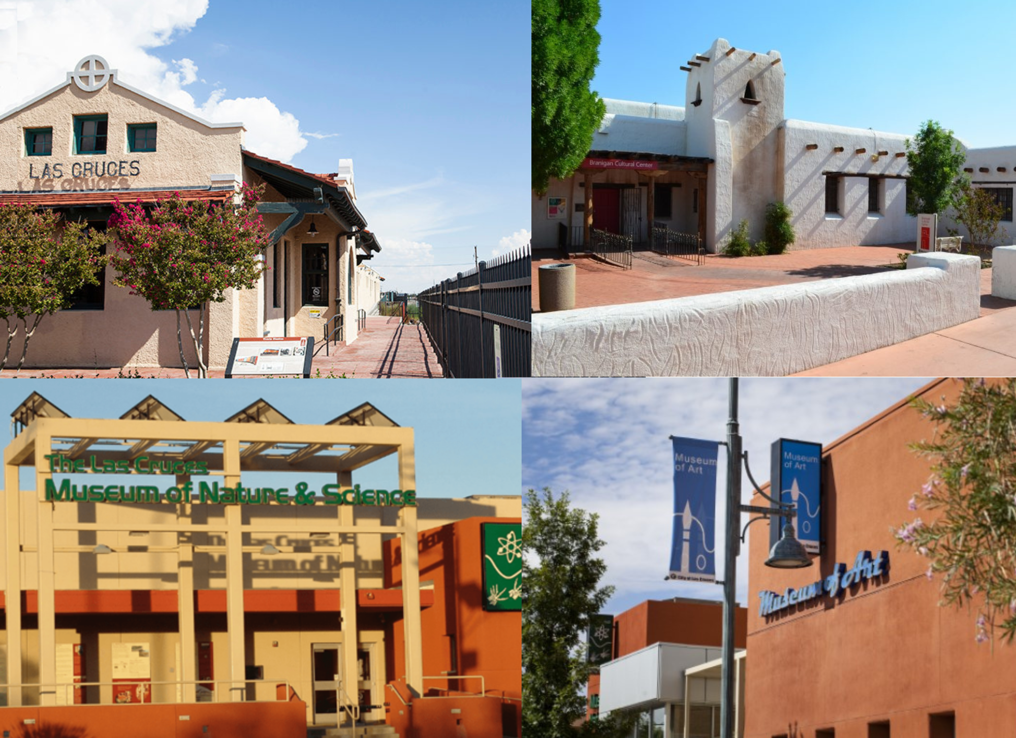 A collage of pictures of the entrances to the four museums - The Railroad museum, Branigan Cultural Center, Museum of Nature & Science, and Museum of Art.