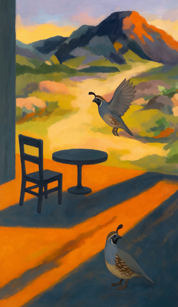 Artwork of Quails in the desert and a table with a chair with a mountain in the background.