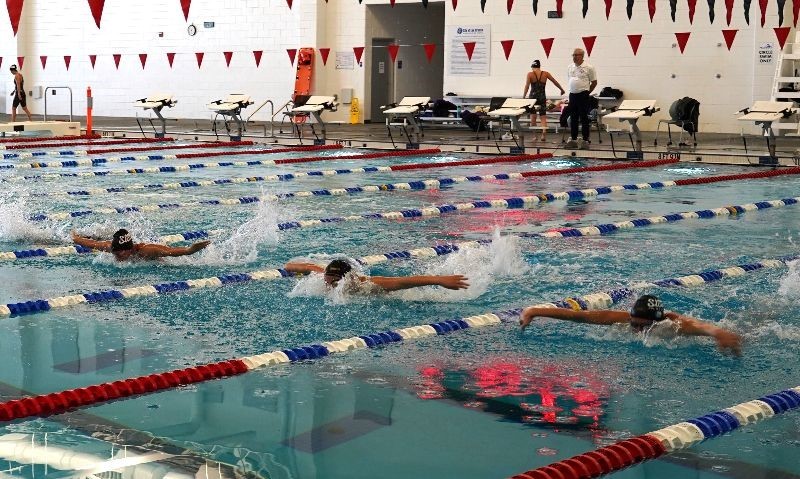 Three swimmers swimming in a swimming pool.