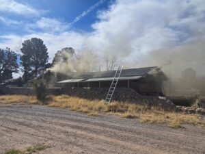 House with a ladder leaning on the roof and smoke coming out of the roof.
