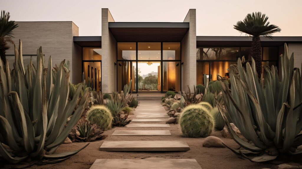 Home with garden built up with different desert plants and cactus.