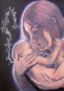 Artwork of a woman holding a baby with music notes in the background,