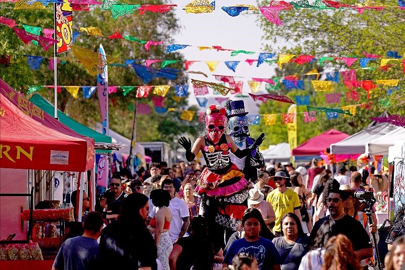 Many people attending an outside event with vender tents on each side.